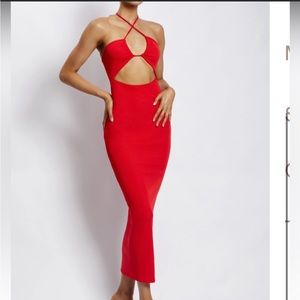 Meshki Maddie ribbed drawstring midi dress in red